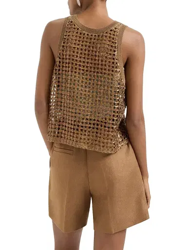 Brunello Cucinelli Women's Dazzling Net Embroidery Top in Silk and Linen - Brown | Thumbnail 3