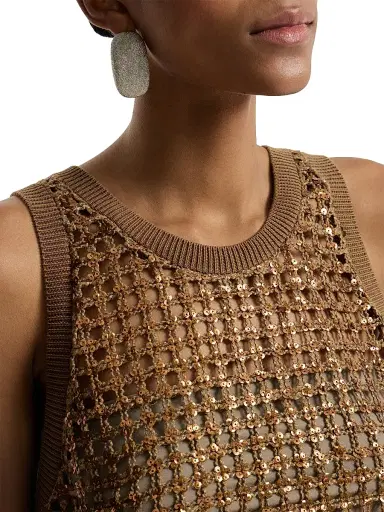 Brunello Cucinelli Women's Dazzling Net Embroidery Top in Silk and Linen - Brown | Thumbnail 4