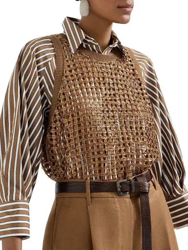 Brunello Cucinelli Women's Dazzling Net Embroidery Top in Silk and Linen - Brown | Thumbnail 5