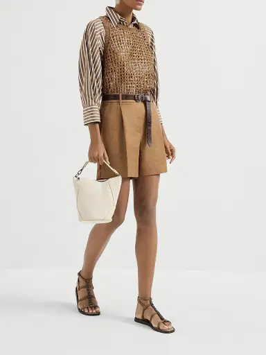 Brunello Cucinelli Women's Dazzling Net Embroidery Top in Silk and Linen - Brown | Thumbnail 6
