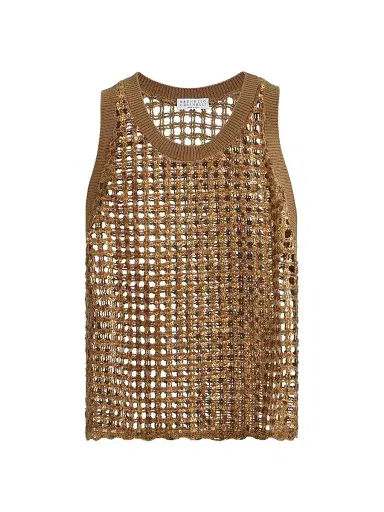 Brunello Cucinelli Women's Dazzling Net Embroidery Top in Silk and Linen - Brown | Thumbnail 1