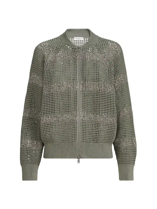Women's Cotton Net Cardigan with Dazzling Stripes - Khaki