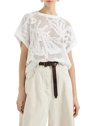 Brunello Cucinelli Women's Dazzling Water Lillies Knit T-Shirt in Linen and Cotton - White | Thumbnail 2 Brunello Cucinelli Women's Dazzling Water Lillies Knit T-Shirt in Linen and Cotton - White | Thumbnail 2