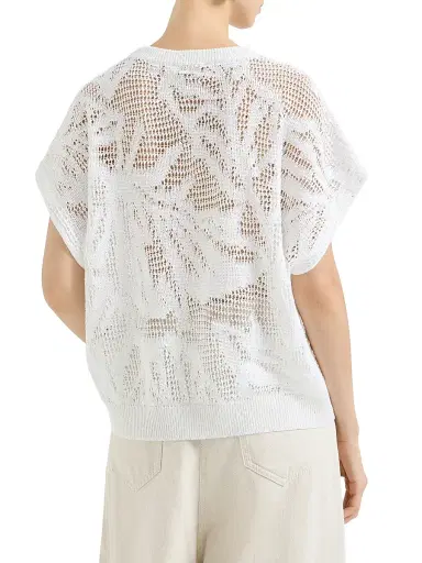 Brunello Cucinelli Women's Dazzling Water Lillies Knit T-Shirt in Linen and Cotton - White | Thumbnail 3 Brunello Cucinelli Women's Dazzling Water Lillies Knit T-Shirt in Linen and Cotton - White | Thumbnail 3