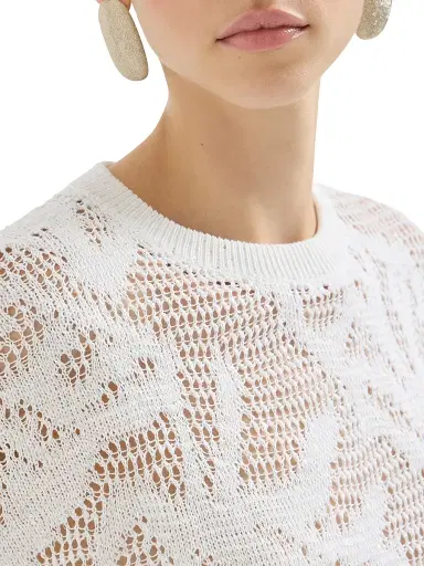 Brunello Cucinelli Women's Dazzling Water Lillies Knit T-Shirt in Linen and Cotton - White | Thumbnail 4 Brunello Cucinelli Women's Dazzling Water Lillies Knit T-Shirt in Linen and Cotton - White | Thumbnail 4