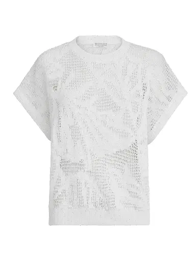 Brunello Cucinelli Women's Dazzling Water Lillies Knit T-Shirt in Linen and Cotton - White | Thumbnail 1 Brunello Cucinelli Women's Dazzling Water Lillies Knit T-Shirt in Linen and Cotton - White | Thumbnail 1