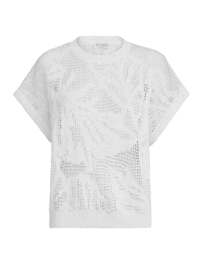 Brunello Cucinelli Women's Dazzling Water Lillies Knit T-Shirt in Linen and Cotton - White