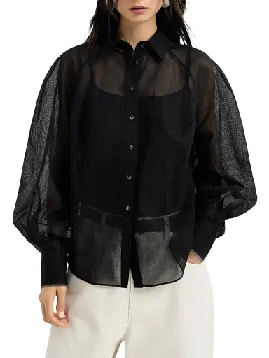 Brunello Cucinelli Women's Striped Cotton Organza Shirt with Monili - Black | Thumbnail 2