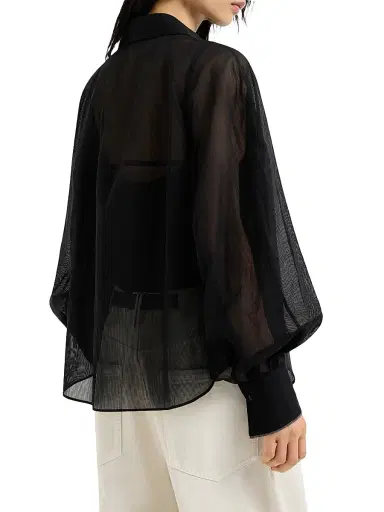 Brunello Cucinelli Women's Striped Cotton Organza Shirt with Monili - Black | Thumbnail 3