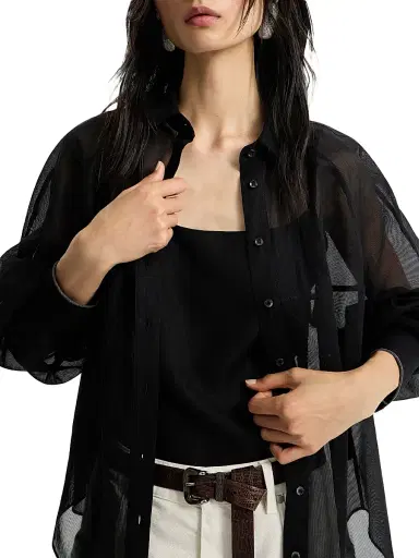 Brunello Cucinelli Women's Striped Cotton Organza Shirt with Monili - Black | Thumbnail 5