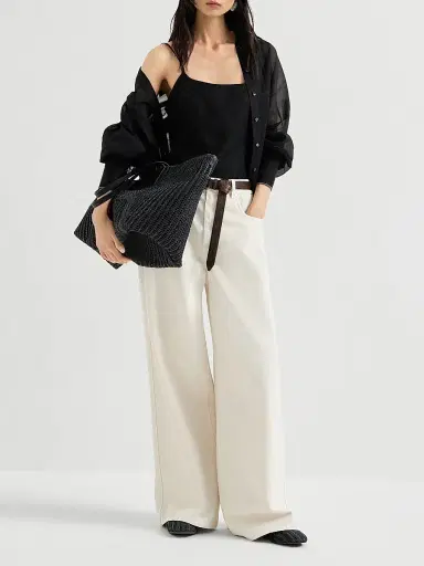 Brunello Cucinelli Women's Striped Cotton Organza Shirt with Monili - Black | Thumbnail 6