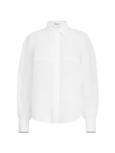 Brunello Cucinelli Women's Striped Cotton Organza Shirt with Monili - Black | Thumbnail 7