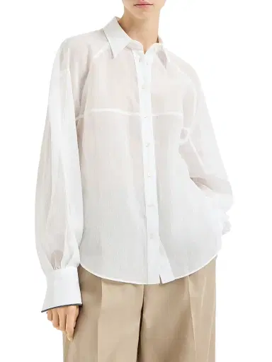 Brunello Cucinelli Women's Striped Cotton Organza Shirt with Monili - Black | Thumbnail 8