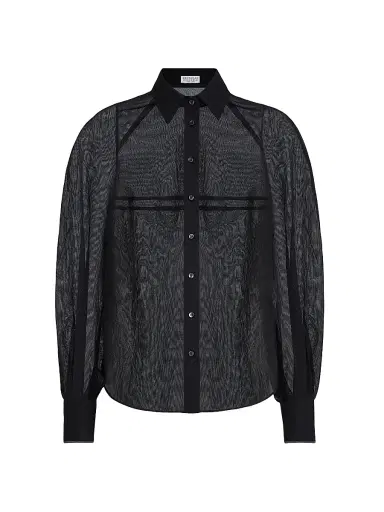 Brunello Cucinelli Women's Striped Cotton Organza Shirt with Monili - Black | Thumbnail 1