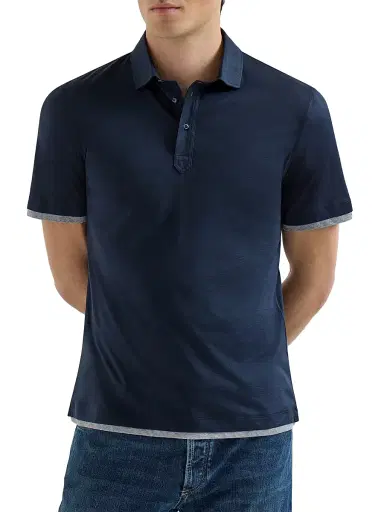 Brunello Cucinelli Men's Silk and Cotton Jersey Shirt Style Collar Polo with Faux Layering | Thumbnail 2 Brunello Cucinelli Men's Silk and Cotton Jersey Shirt Style Collar Polo with Faux Layering | Thumbnail 2