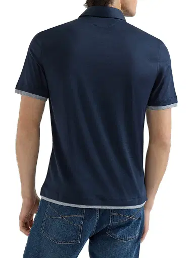 Brunello Cucinelli Men's Silk and Cotton Jersey Shirt Style Collar Polo with Faux Layering | Thumbnail 3 Brunello Cucinelli Men's Silk and Cotton Jersey Shirt Style Collar Polo with Faux Layering | Thumbnail 3