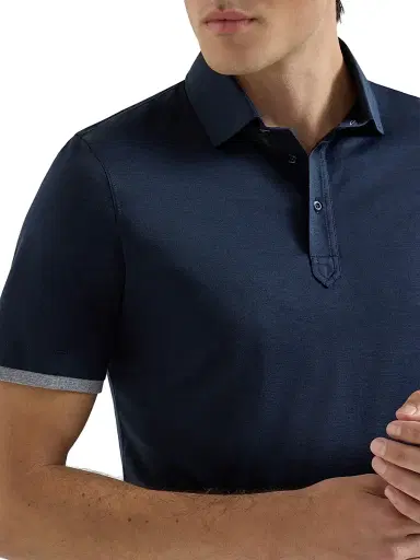 Brunello Cucinelli Men's Silk and Cotton Jersey Shirt Style Collar Polo with Faux Layering | Thumbnail 4 Brunello Cucinelli Men's Silk and Cotton Jersey Shirt Style Collar Polo with Faux Layering | Thumbnail 4