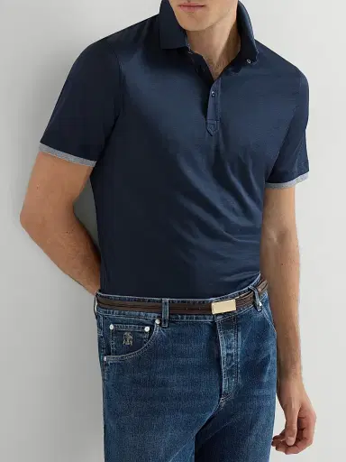 Brunello Cucinelli Men's Silk and Cotton Jersey Shirt Style Collar Polo with Faux Layering | Thumbnail 5 Brunello Cucinelli Men's Silk and Cotton Jersey Shirt Style Collar Polo with Faux Layering | Thumbnail 5