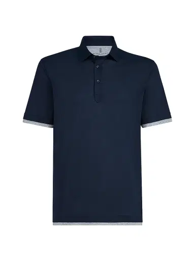 Brunello Cucinelli Men's Silk and Cotton Jersey Shirt Style Collar Polo with Faux Layering | Thumbnail 1 Brunello Cucinelli Men's Silk and Cotton Jersey Shirt Style Collar Polo with Faux Layering | Thumbnail 1