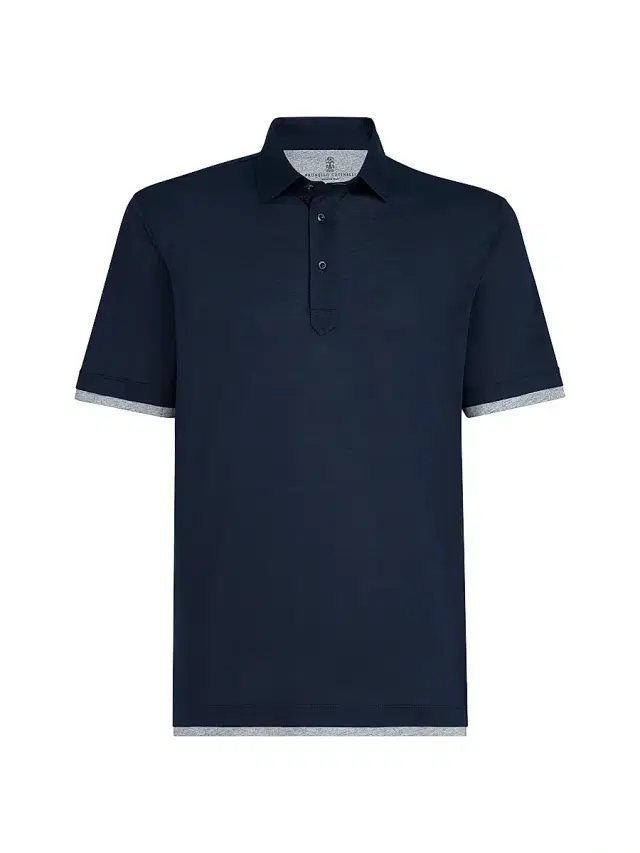 Brunello Cucinelli Men's Silk and Cotton Jersey Shirt Style Collar Polo with Faux Layering - Navy Blue