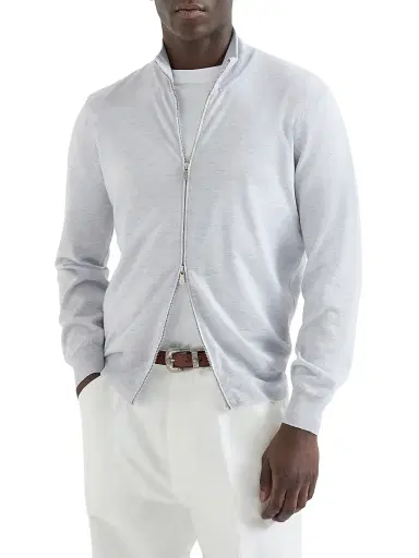 Brunello Cucinelli Men's Lightweight Cashmere, Silk and Linen Cardigan with Zipper - Pale Blue | Thumbnail 2 Brunello Cucinelli Men's Lightweight Cashmere, Silk and Linen Cardigan with Zipper - Pale Blue | Thumbnail 2