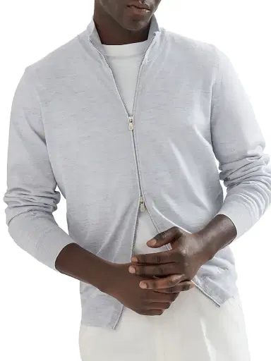 Brunello Cucinelli Men's Lightweight Cashmere, Silk and Linen Cardigan with Zipper - Pale Blue | Thumbnail 5 Brunello Cucinelli Men's Lightweight Cashmere, Silk and Linen Cardigan with Zipper - Pale Blue | Thumbnail 5