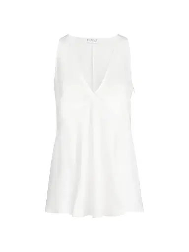 Brunello Cucinelli Women's Cotton and Silk Satin Top with Fluid Twill Panel - White | Thumbnail 1 Brunello Cucinelli Women's Cotton and Silk Satin Top with Fluid Twill Panel - White | Thumbnail 1