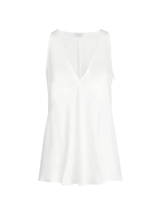 Women's Cotton and Silk Satin Top with Fluid Twill Panel - White