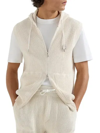 Brunello Cucinelli Men's Cotton English Rib Knit Hooded Vest with Logo and Zipper - White | Thumbnail 2