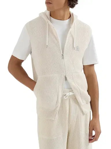 Brunello Cucinelli Men's Cotton English Rib Knit Hooded Vest with Logo and Zipper - White | Thumbnail 3