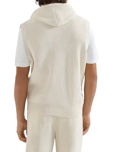 Brunello Cucinelli Men's Cotton English Rib Knit Hooded Vest with Logo and Zipper - White | Thumbnail 4