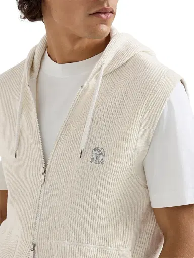 Brunello Cucinelli Men's Cotton English Rib Knit Hooded Vest with Logo and Zipper - White | Thumbnail 5