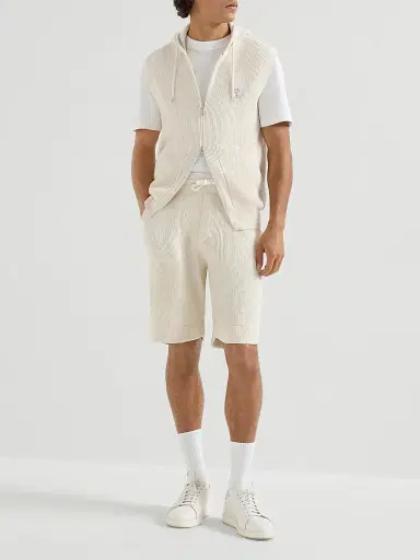 Brunello Cucinelli Men's Cotton English Rib Knit Hooded Vest with Logo and Zipper - White | Thumbnail 6