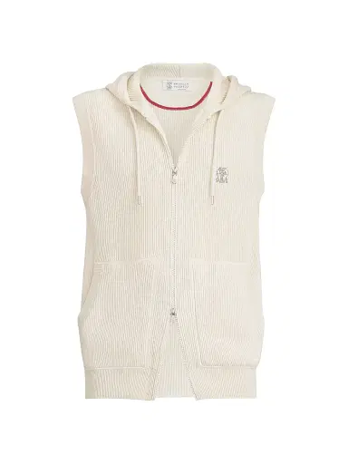 Brunello Cucinelli Men's Cotton English Rib Knit Hooded Vest with Logo and Zipper - White | Thumbnail 1