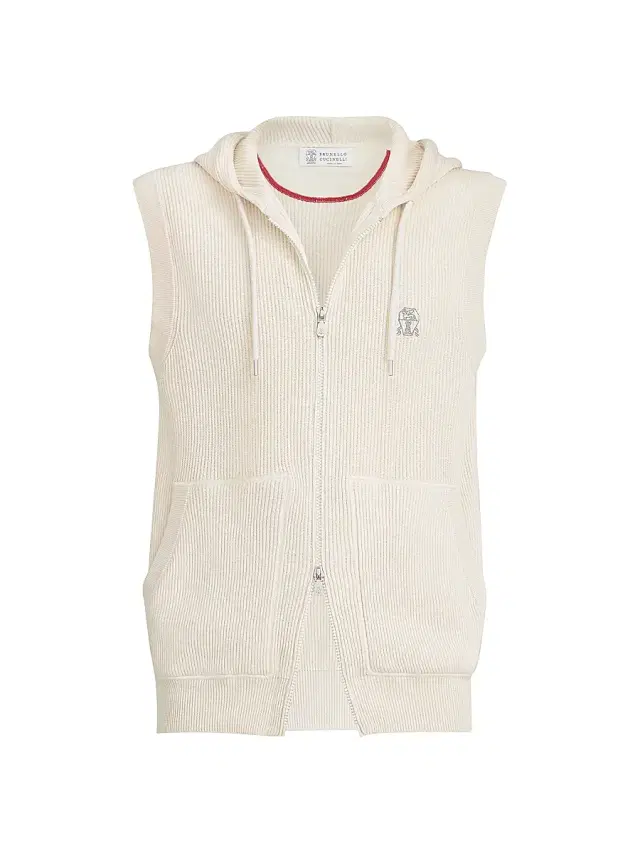 Men's Cotton English Rib Knit Hooded Vest with Logo and Zipper - White