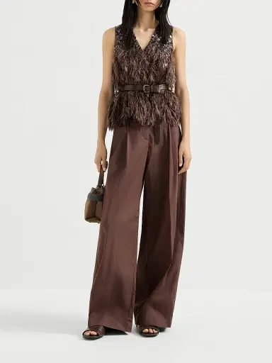 Brunello Cucinelli Women's Lightweight Poplin Wide Trousers with Monili - Cocoa | Thumbnail 6 Brunello Cucinelli Women's Lightweight Poplin Wide Trousers with Monili - Cocoa | Thumbnail 6