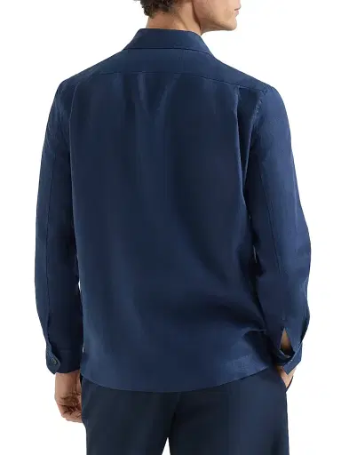 Brunello Cucinelli Men's Linen Easy Fit Guayabera Shirt - Navy Blue - Size XXS | Thumbnail 3