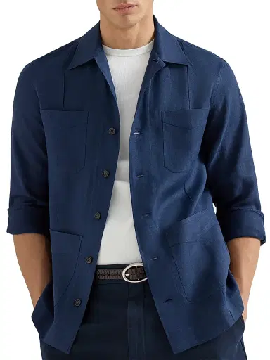 Brunello Cucinelli Men's Linen Easy Fit Guayabera Shirt - Navy Blue - Size XXS | Thumbnail 4