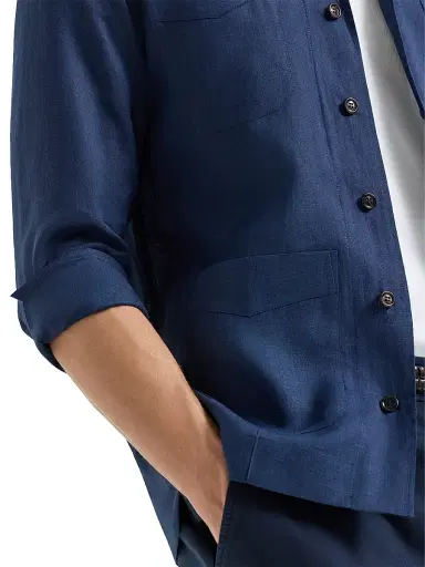 Brunello Cucinelli Men's Linen Easy Fit Guayabera Shirt - Navy Blue - Size XXS | Thumbnail 5
