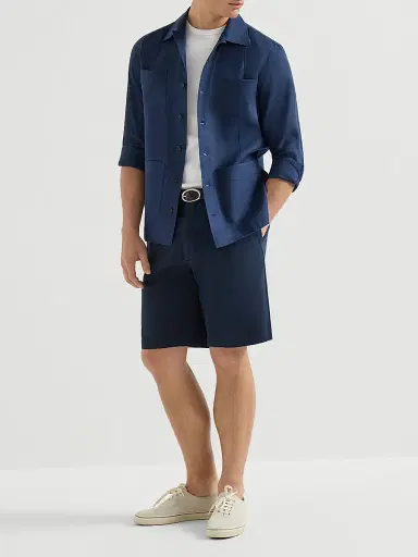 Brunello Cucinelli Men's Linen Easy Fit Guayabera Shirt - Navy Blue - Size XXS | Thumbnail 6