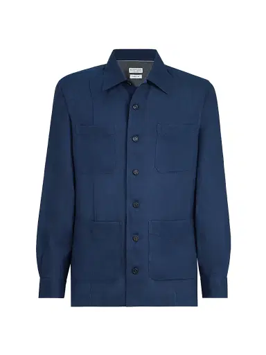 Brunello Cucinelli Men's Linen Easy Fit Guayabera Shirt - Navy Blue - Size XXS | Thumbnail 1