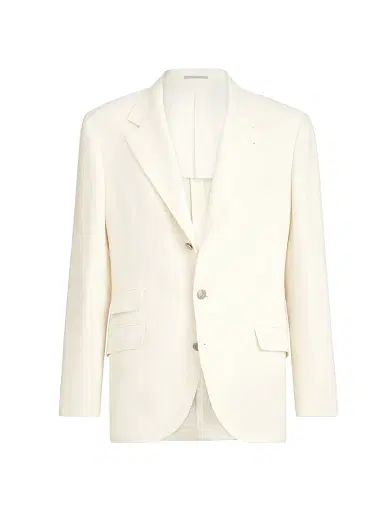 Brunello Cucinelli Men's Silk, Linen and Wool Hopsack Deconstructed Cavallo Blazer with Metal Buttons - Off White - Size 46 | Thumbnail 2
