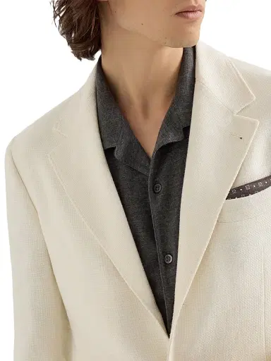 Brunello Cucinelli Men's Silk, Linen and Wool Hopsack Deconstructed Cavallo Blazer with Metal Buttons - Off White - Size 46 | Thumbnail 4