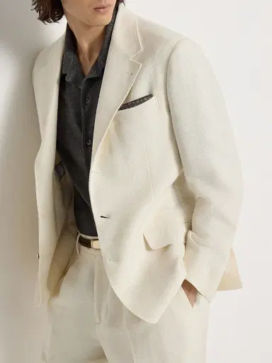Brunello Cucinelli Men's Silk, Linen and Wool Hopsack Deconstructed Cavallo Blazer with Metal Buttons - Off White - Size 46 | Thumbnail 5