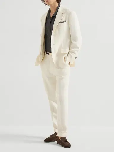 Brunello Cucinelli Men's Silk, Linen and Wool Hopsack Deconstructed Cavallo Blazer with Metal Buttons - Off White - Size 46 | Thumbnail 6