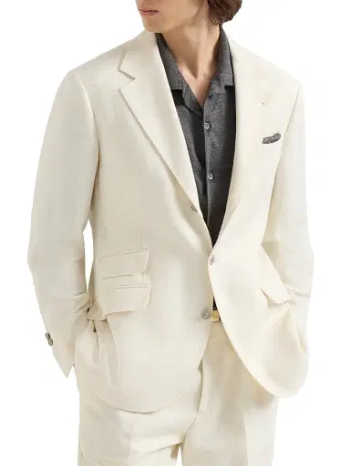 Brunello Cucinelli Men's Silk, Linen and Wool Hopsack Deconstructed Cavallo Blazer with Metal Buttons - Off White - Size 46 | Thumbnail 1