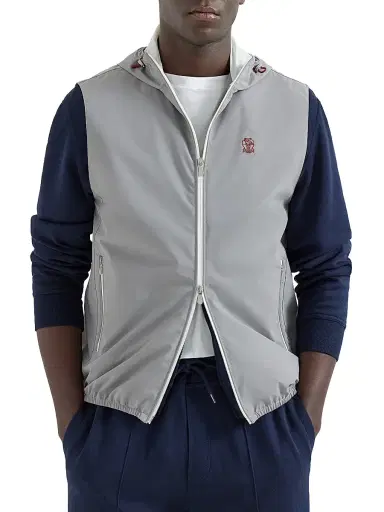 Brunello Cucinelli Men's Bonded Nylon Hooded Vest with Logo - Grey - Size XXL | Thumbnail 2