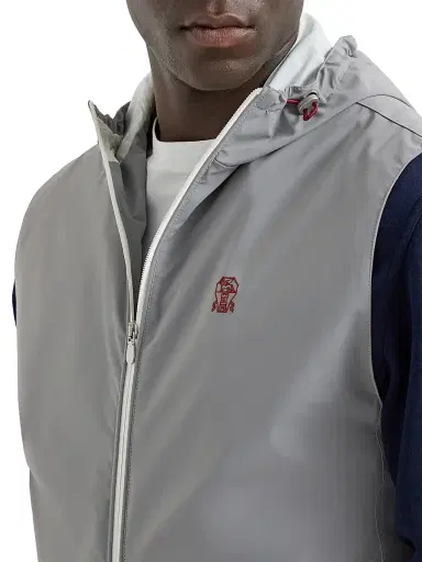 Brunello Cucinelli Men's Bonded Nylon Hooded Vest with Logo - Grey - Size XXL | Thumbnail 5