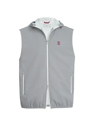 Brunello Cucinelli Men's Bonded Nylon Hooded Vest with Logo - Grey - Size XXL | Thumbnail 1