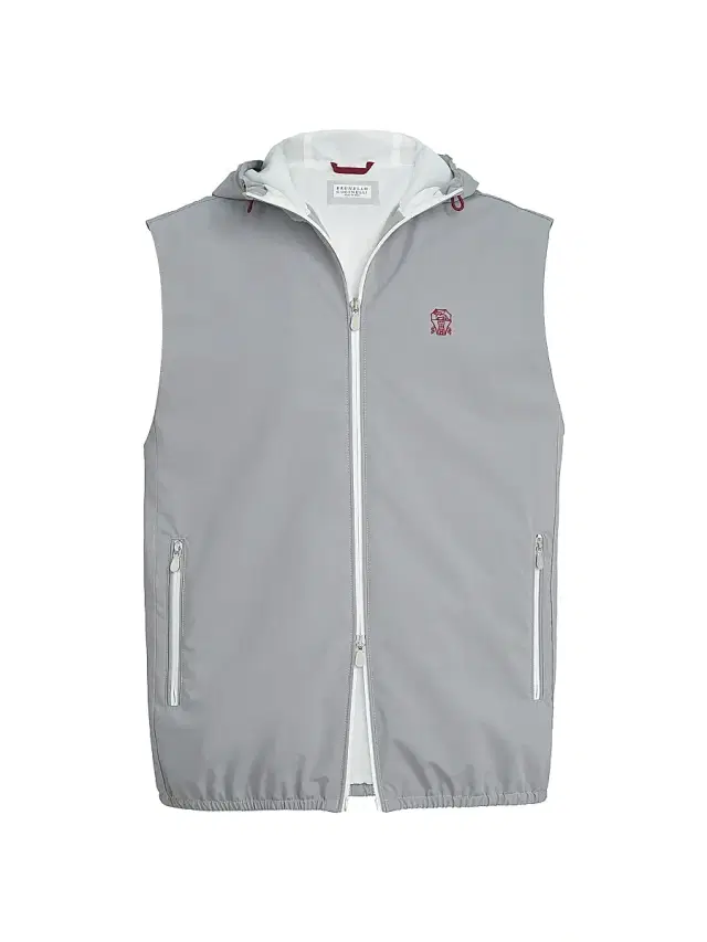 Brunello Cucinelli Men's Bonded Nylon Hooded Vest with Logo - Grey